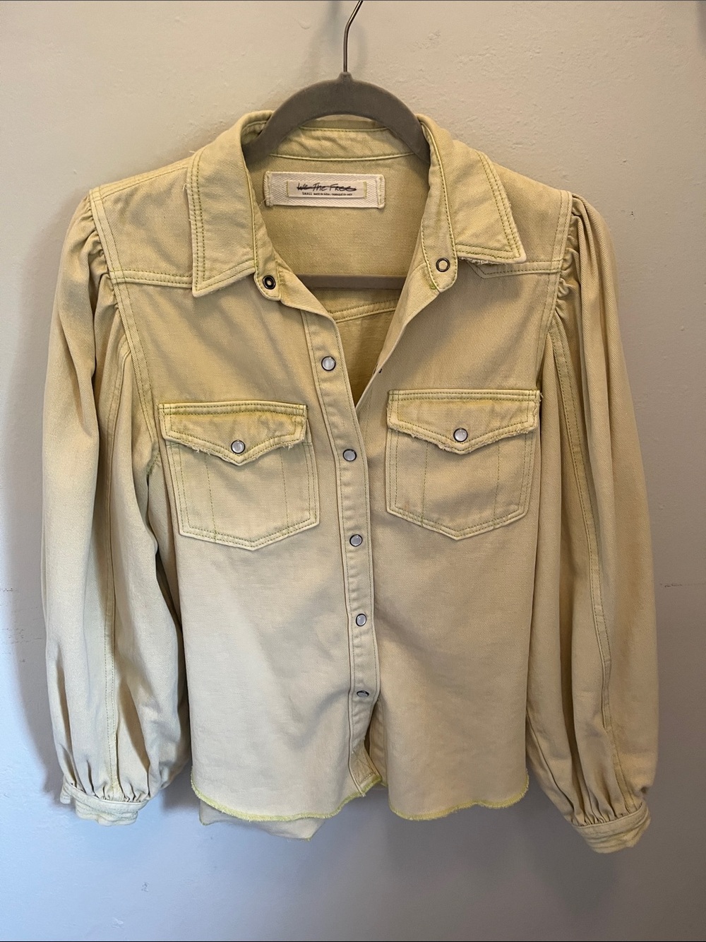 We The Free Pale Celery Button-Down Western Puff Sleeve Shirt